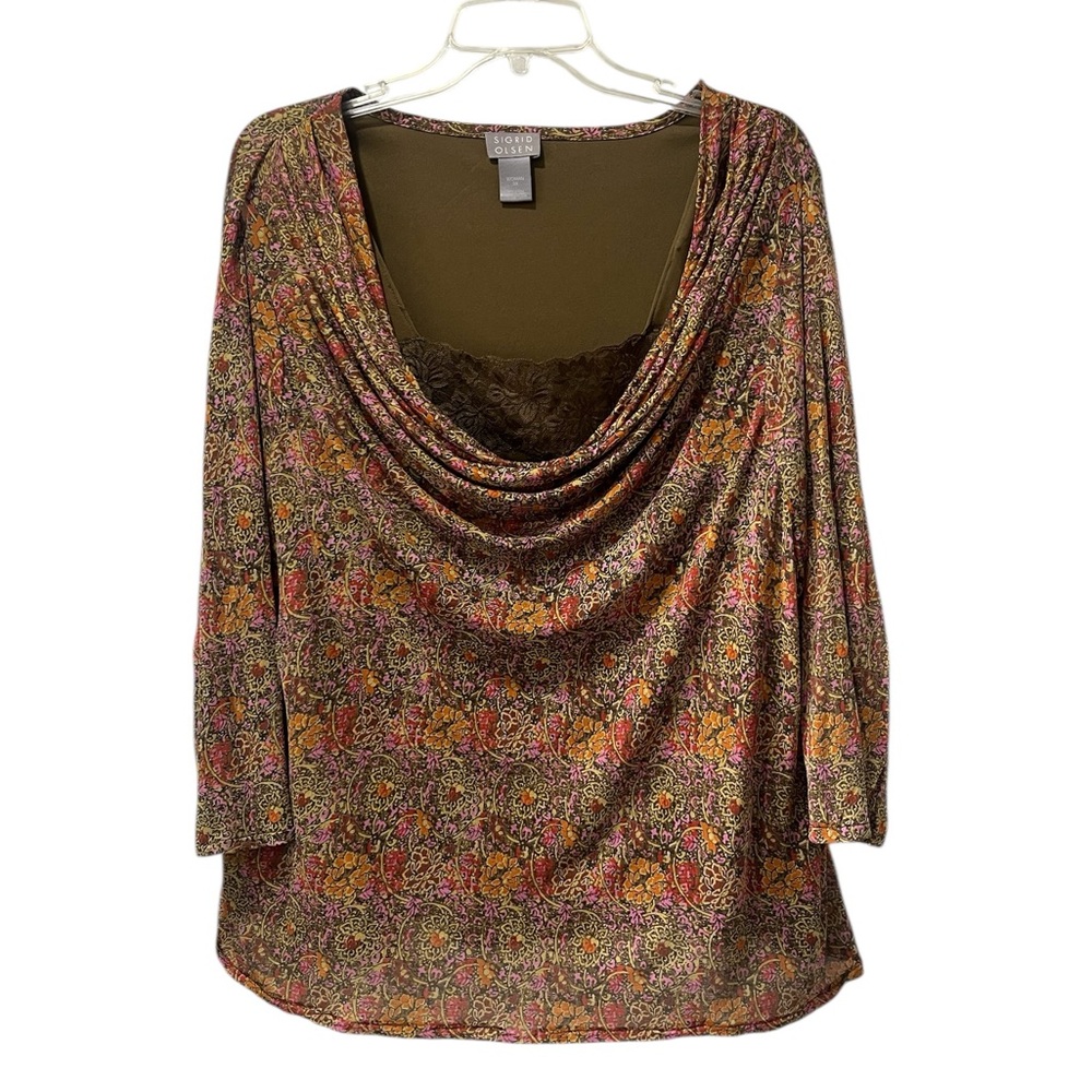 Sigrid Olsen Top Womens Size 3XL Blouse Layered Floral Earthy Lace Green‎ Orange